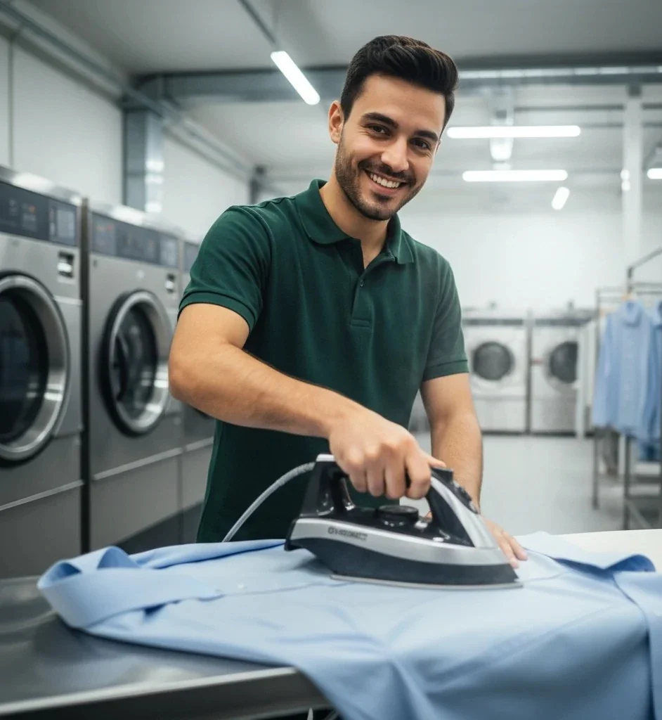funcionario de lavanderia passando roupa - cabilavi